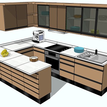 (12)现代简约厨房橱柜厨具水槽咖啡机果盘吊柜sketchup草图模型下载