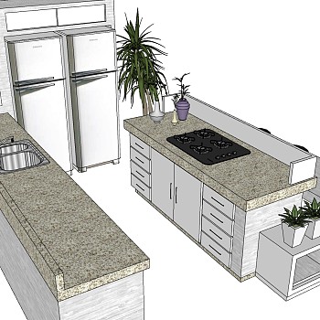 (5)现代简约吧台烤箱微波炉水槽盆栽组合sketchup草图模型下载
