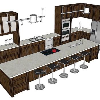 (6)现代简约开放式厨房橱柜吧台吧椅水槽烤箱冰箱吊灯中岛岛台操作台sketchup草图模型下载