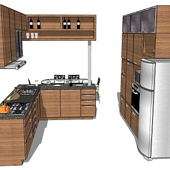 (5)现代木制简约橱柜厨房用具燃气灶水壶冰箱组合sketchup草图模型下载
