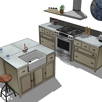(1)简欧式橱柜烤箱燃气灶水槽吸油烟机厨房用具摆件sketchup草图模型下载