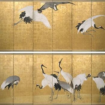 中式仙鹤图案壁纸壁画屏风画 (2)