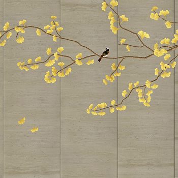 新中式花鸟银杏叶壁纸壁布壁画屏风画 (1)