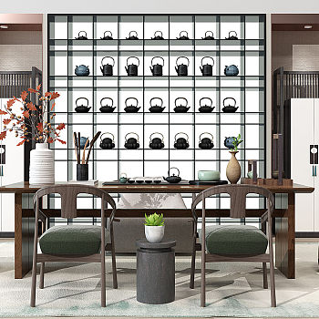 H01-0529新中式茶室茶桌椅茶具装饰柜衣柜花瓶摆件