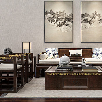 Z13-0227中式古典实木沙发茶几挂画组合