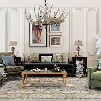 H16-0304古典美式欧式田园沙发茶几雕塑羊角鹿角吊灯
