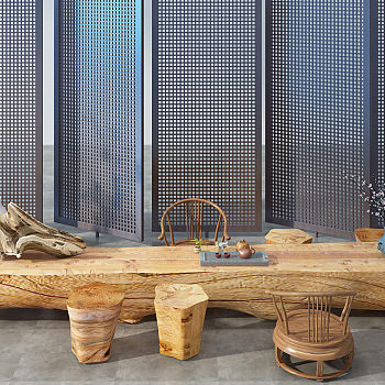 Z13-0417新中式根雕木头木墩树桩陶罐茶海茶桌椅