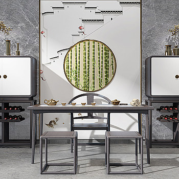 H23-0114新中式茶桌椅茶具装饰柜装饰背景