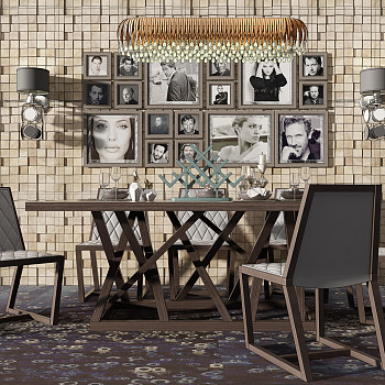 Z12-0614现代北欧简约餐桌椅吊灯组合黑白相框画照片墙壁灯木块墙