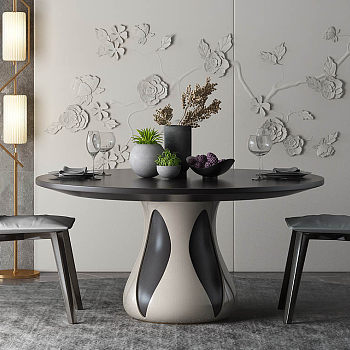 Z59-0411现代北欧新中式圆形餐桌椅花瓣皮雕硬包背景墙
