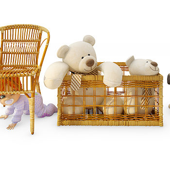 H15-0803现代藤编椅儿童玩具娃娃小熊组合