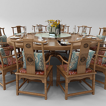 Z21-0103中式实木圆形餐桌椅组合太师椅