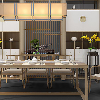 Z19-0103新中式餐桌椅组合花架蝴蝶兰餐具
