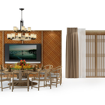 中式餐桌、灯具、窗帘组合