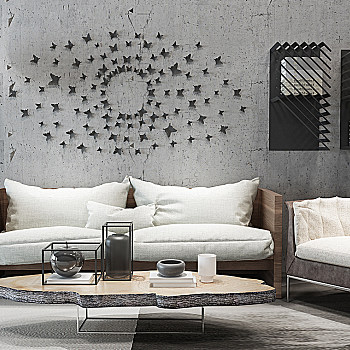 H09-0212现代东南亚沙发木桩模板茶几水泥墙挂饰落地灯