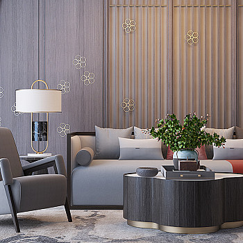 H16-0220新中式沙发茶几植物椅子窗帘组合