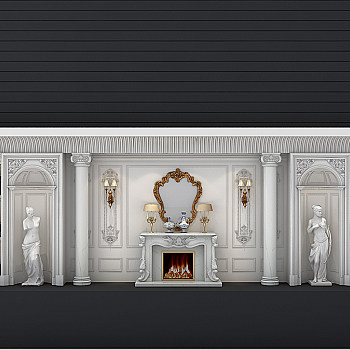 欧式壁炉背景装饰柜人物雕塑组合3D模型免费下载