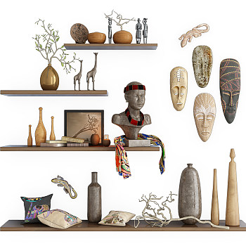 H07-1015非洲木雕面具陶瓷器皿摆件组合