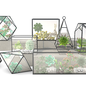Z15-1020现代多肉植物松果几何玻璃罩装饰摆件