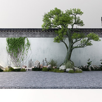 Z09-1215中式院墙中式景观植物石头石狮子藤曼竹子