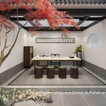 Z12-0605新中式茶室茶桌椅品茶区屋檐庭院
