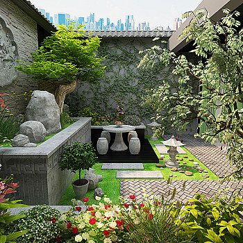 Z24-0227中式庭院花园阳台植物景观