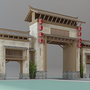 中式门楼大门牌楼度假山庄村灯笼3D模型免费下载