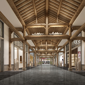 1-1中式商场会所木梁结构坡屋顶走廊中式古建