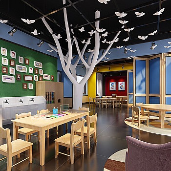 Z01-0216现代幼儿园儿童美术室桌椅干支树