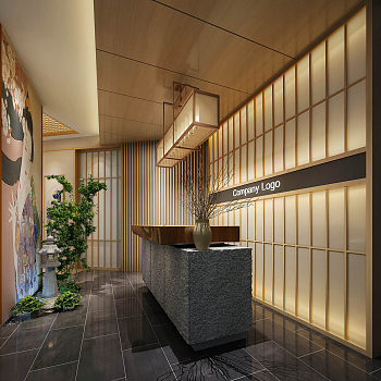 5-25新中式日式餐厅spa会所按摩房 前台接待 景观小景毛石接待台(1)