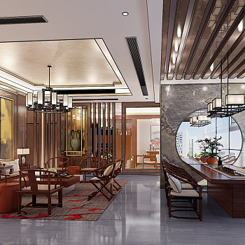 H23-1220中式客厅餐厅茶室中式实木沙发茶几圈椅吊灯