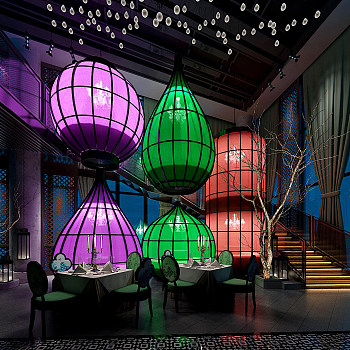 羲和三里屯餐厅酒吧灯笼欧式新中式餐桌椅桌布干枝铁网楼梯间