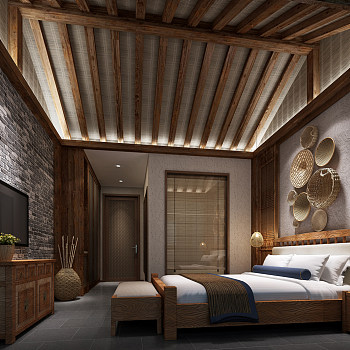 新中式民宿特色客房卧室箩筐草帽家具