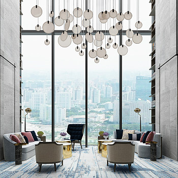 H02-0302现代轻奢新中式酒店接待休闲区沙发茶几壁灯大型艺术吊顶