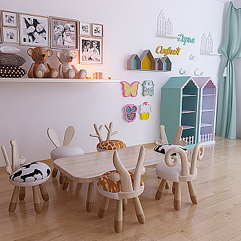 H26-0228现代北欧儿童桌椅动物凳子玩具装饰架墙饰组合