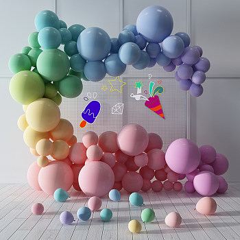气球合影区网红节日展示陈列背景墙霓虹灯3D模型免费下载