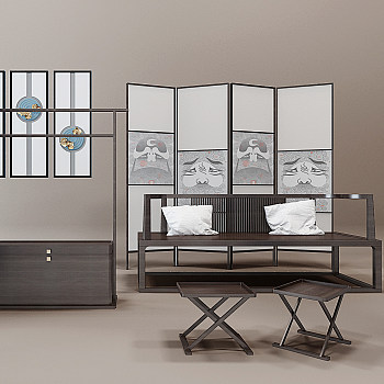 H09-0624新中式实木家具沙发茶几座椅衣架立体画屏风组合