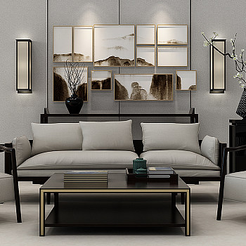 Z02-1228新中式客厅沙发椅子茶几花瓶组合