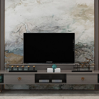 H17-0115新中式电视柜背景墙花瓶陶罐植物