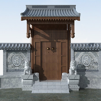 H01-0418中式古建庭院大门门头石狮子墙