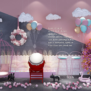 H06-0628现代北欧网红吊椅吧椅中式大鼓宠物狗雕塑气球云朵吊灯羽毛装饰美陈背景墙