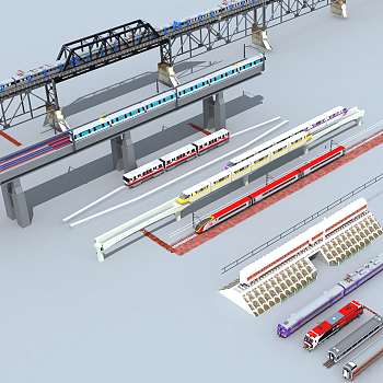03高铁轻轨地铁高架桥轨道列车3D模型下载