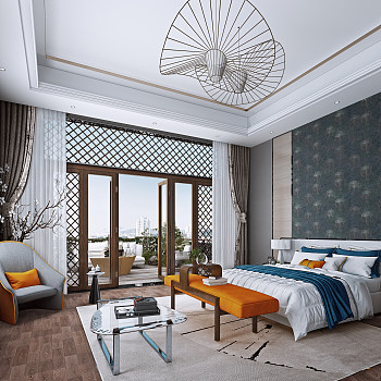 002新中式东南亚卧室酒店客房大床房床床头柜床尾凳阳台窗