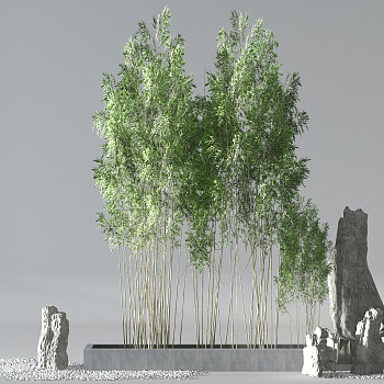 H12-0719新中式植物竹子石头景观小景配镜石子3d模型下载