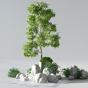 H11-0719新中式景观小景配景石头树植物石子儿3d模型下载