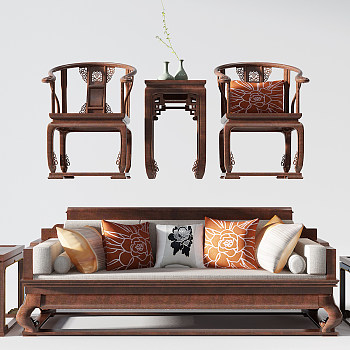 H03-0718中式古典红木家具沙发圈椅罗汉床卧榻茶几3d模型下载