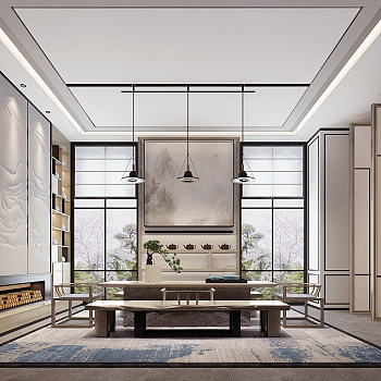 H05-0723新中式日式茶室茶桌椅书柜山脉山形软包墙面背景3d模型下载