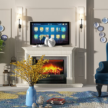 Z02-0706欧式法式电视背景墙壁炉鼓凳青花瓷盘子挂饰挂件3d模型下载