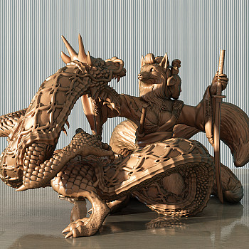 Z24-0709新中式日式狼与龙神兽雕塑3d模型下载