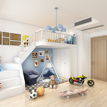 H04-0731现代儿童房上下铺玩具帐篷滑板车足球篮球毛绒玩具3d模型下载